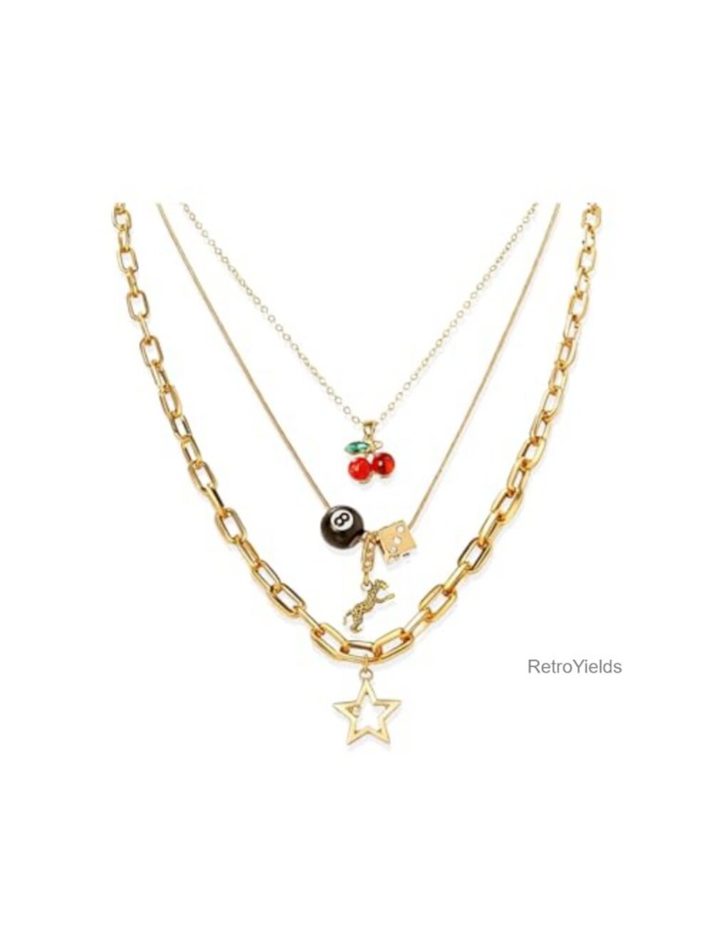 Gold Layered Charm Necklace Set Cherry Star Dice Pendant Women Y2K Trendy